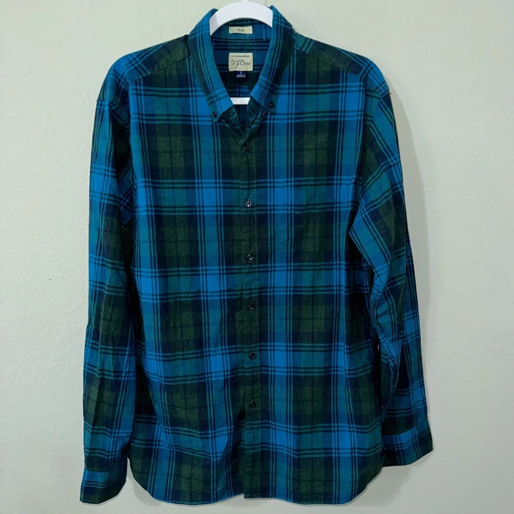 J.Crew Plaid‎ Cotton Large Blue Green Button Up